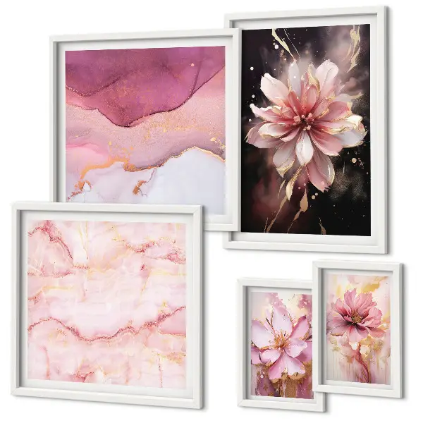 Conjunto de 5 quadros com moldura arranjo floral cor-de-rosa