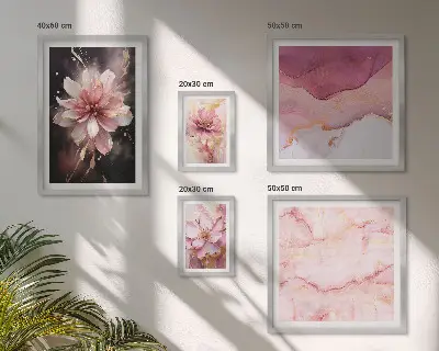 Conjunto de 5 quadros com moldura arranjo floral cor-de-rosa