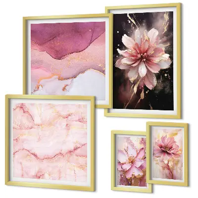 Conjunto de 5 quadros com moldura arranjo floral cor-de-rosa