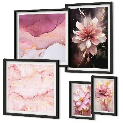 Conjunto de 5 quadros com moldura arranjo floral cor-de-rosa