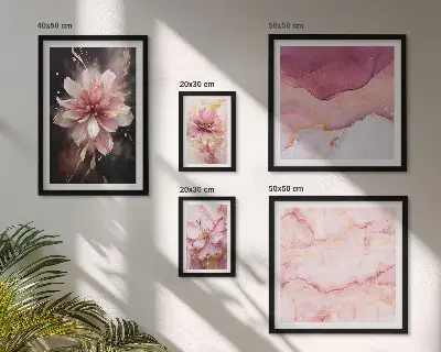 Conjunto de 5 quadros com moldura arranjo floral cor-de-rosa