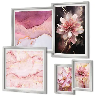 Conjunto de 5 quadros com moldura arranjo floral cor-de-rosa