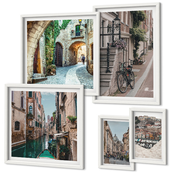 Conjunto de 5 quadros decorativos Ruas encantadoras com bicicletas