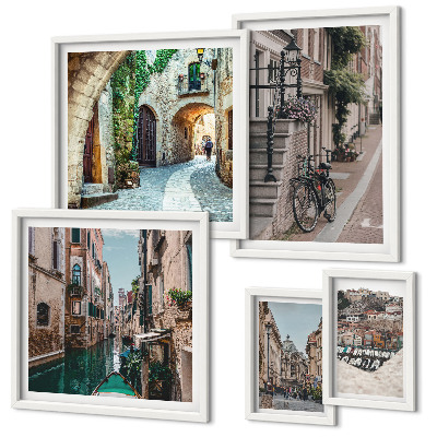 Conjunto de 5 quadros decorativos Ruas encantadoras com bicicletas
