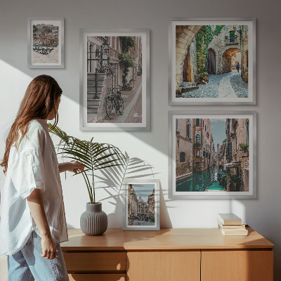 Conjunto de 5 quadros decorativos Ruas encantadoras com bicicletas