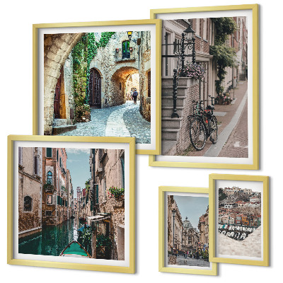 Conjunto de 5 quadros decorativos Ruas encantadoras com bicicletas