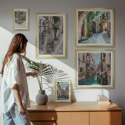 Conjunto de 5 quadros decorativos Ruas encantadoras com bicicletas