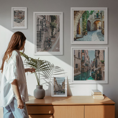 Conjunto de 5 quadros decorativos Ruas encantadoras com bicicletas