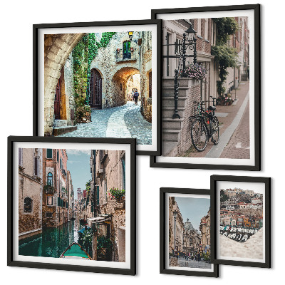 Conjunto de 5 quadros decorativos Ruas encantadoras com bicicletas