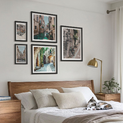 Conjunto de 5 quadros decorativos Ruas encantadoras com bicicletas