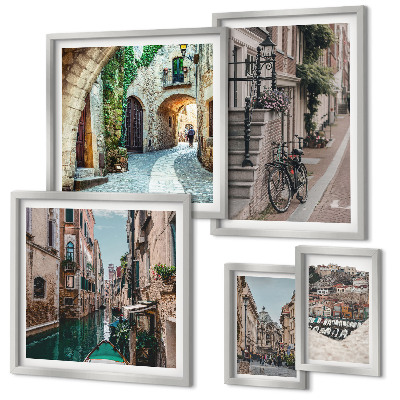 Conjunto de 5 quadros decorativos Ruas encantadoras com bicicletas