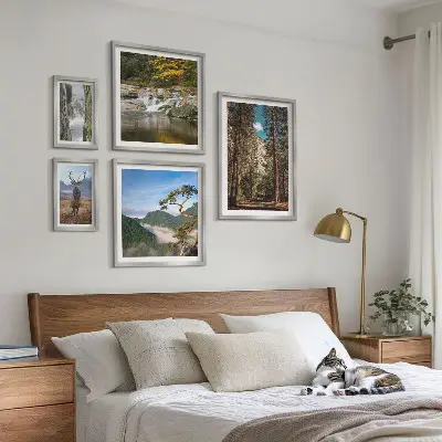 Conjunto de 5 quadros com moldura com temática de paisagens montanhosas e natureza selvagem