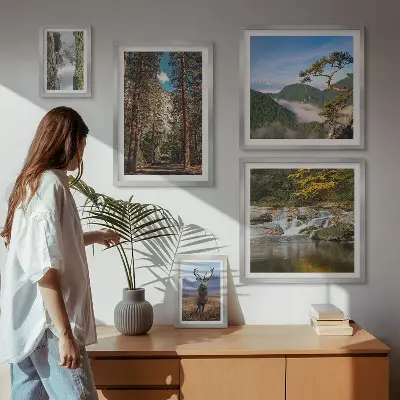 Conjunto de 5 quadros com moldura com temática de paisagens montanhosas e natureza selvagem