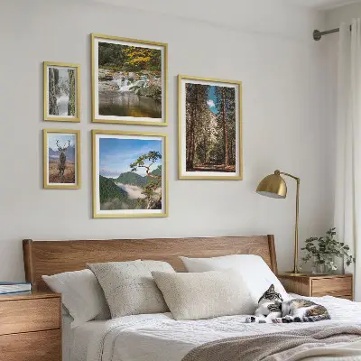 Conjunto de 5 quadros com moldura com temática de paisagens montanhosas e natureza selvagem