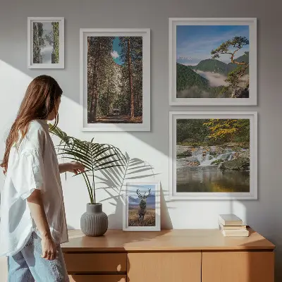 Conjunto de 5 quadros com moldura com temática de paisagens montanhosas e natureza selvagem
