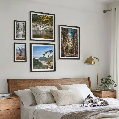 Conjunto de 5 quadros com moldura com temática de paisagens montanhosas e natureza selvagem