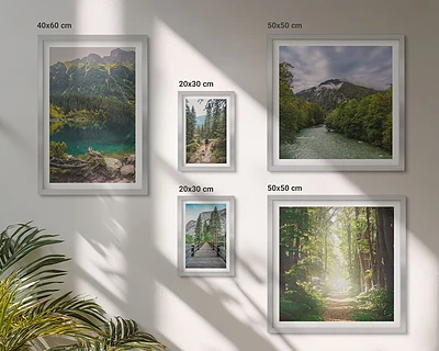 Conjunto de 5 quadros decorativos com paisagens de montanhas e trilhas na floresta