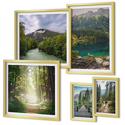 Conjunto de 5 quadros decorativos com paisagens de montanhas e trilhas na floresta
