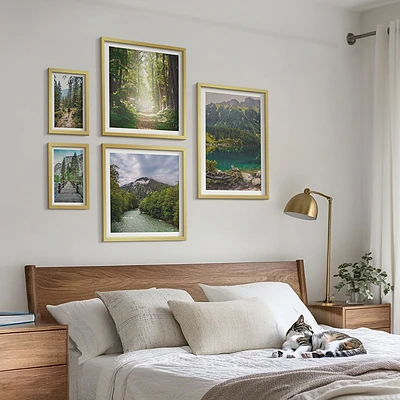 Conjunto de 5 quadros decorativos com paisagens de montanhas e trilhas na floresta