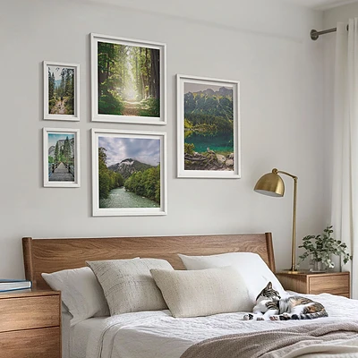 Conjunto de 5 quadros decorativos com paisagens de montanhas e trilhas na floresta