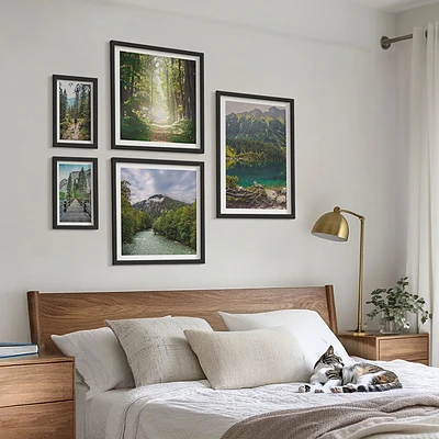 Conjunto de 5 quadros decorativos com paisagens de montanhas e trilhas na floresta