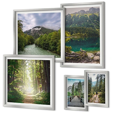 Conjunto de 5 quadros decorativos com paisagens de montanhas e trilhas na floresta