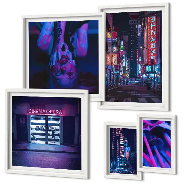 Conjunto de 5 quadros com moldura com paisagens urbanas noturnas iluminadas por néon