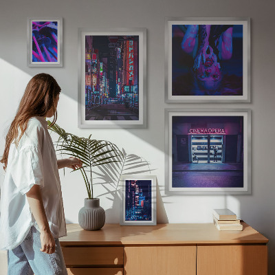Conjunto de 5 quadros com moldura Paisagens urbanas noturnas iluminadas por néon