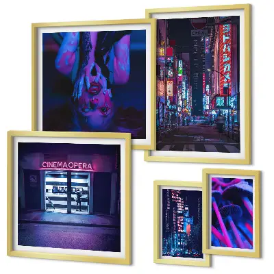 Conjunto de 5 quadros com moldura com paisagens urbanas noturnas iluminadas por néon