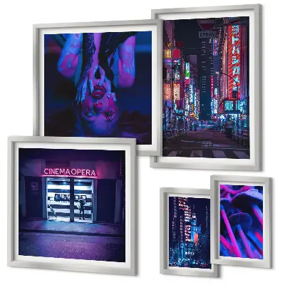 Conjunto de 5 quadros com moldura com paisagens urbanas noturnas iluminadas por néon