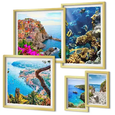 Galeria de parede com paisagens litorâneas, peixes e praias
