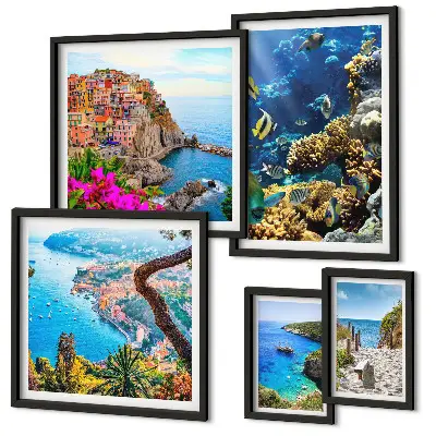 Galeria de parede com paisagens litorâneas, peixes e praias