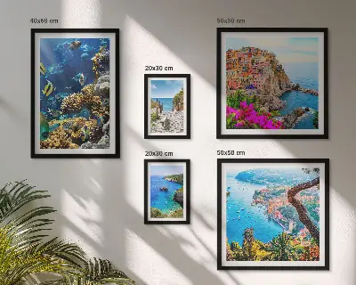 Galeria de parede com paisagens litorâneas, peixes e praias