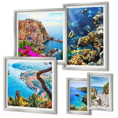 Galeria de parede com paisagens litorâneas, peixes e praias