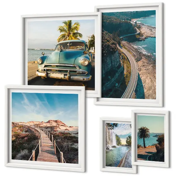Conjunto de 5 quadros com moldura com estampas de paisagens, viagens, carros e natureza