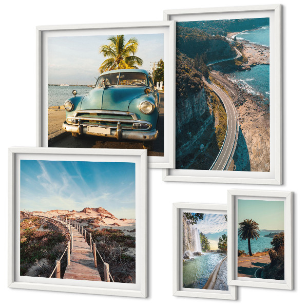 Conjunto de 5 quadros com moldura Paisagens, viagens, carros, natureza