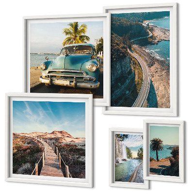 Conjunto de 5 quadros com moldura Paisagens, viagens, carros, natureza