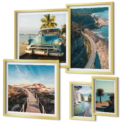 Conjunto de 5 quadros com moldura com estampas de paisagens, viagens, carros e natureza
