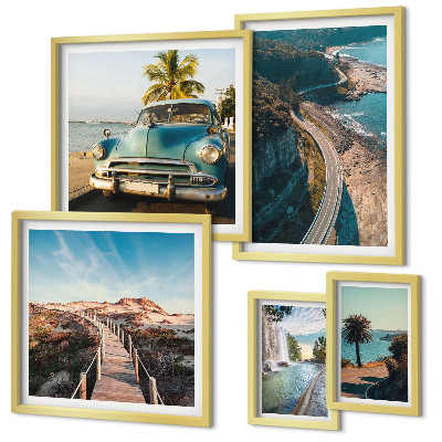 Conjunto de 5 quadros com moldura Paisagens, viagens, carros, natureza