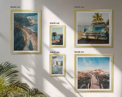 Conjunto de 5 quadros com moldura com estampas de paisagens, viagens, carros e natureza