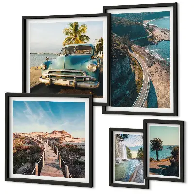 Conjunto de 5 quadros com moldura com estampas de paisagens, viagens, carros e natureza