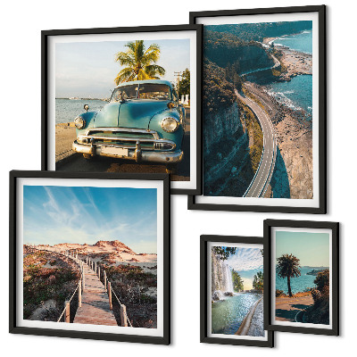 Conjunto de 5 quadros com moldura Paisagens, viagens, carros, natureza