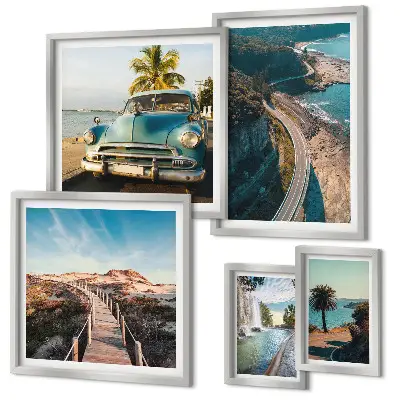 Conjunto de 5 quadros com moldura com estampas de paisagens, viagens, carros e natureza