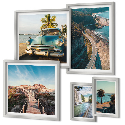 Conjunto de 5 quadros com moldura Paisagens, viagens, carros, natureza