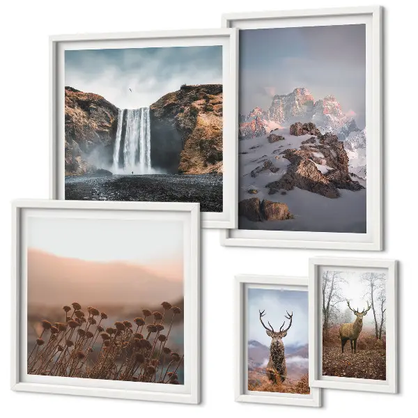 Conjunto de 5 quadros decorativos paisagens montanhosas e animais selvagens