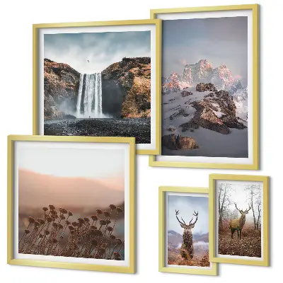 Conjunto de 5 quadros decorativos paisagens montanhosas e animais selvagens