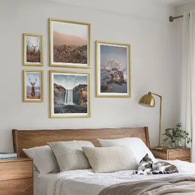 Conjunto de 5 quadros decorativos paisagens montanhosas e animais selvagens