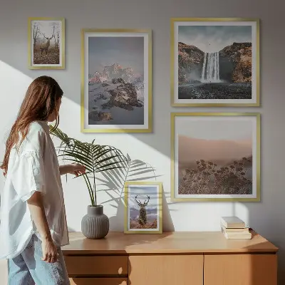 Conjunto de 5 quadros decorativos paisagens montanhosas e animais selvagens