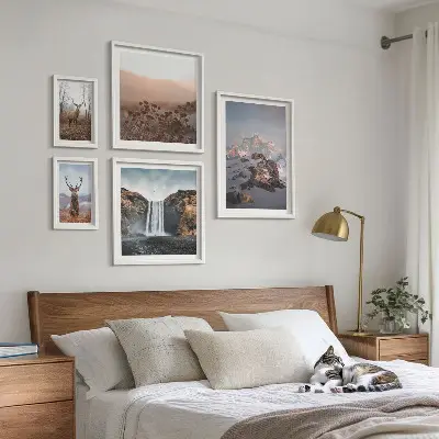 Conjunto de 5 quadros decorativos paisagens montanhosas e animais selvagens
