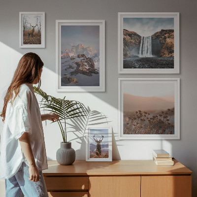 Conjunto de 5 quadros decorativos Paisagens montanhosas, animais selvagens